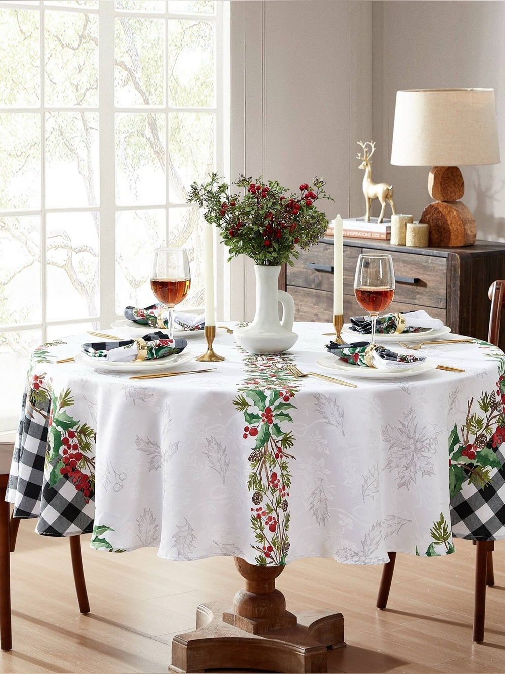 Festive Holly & Buffalo Check Round Tablecloth - White/Red/Green